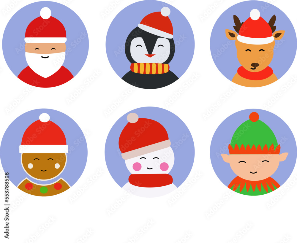 Set of icons with Christmas characters. Vector illustration. Penguin, gingerbread, snowman, Santa Claus, deer, elf Set of icons with Christmas characters. Vector illustration. Penguin, gingerbread, snowman, Santa Claus, deer, elf