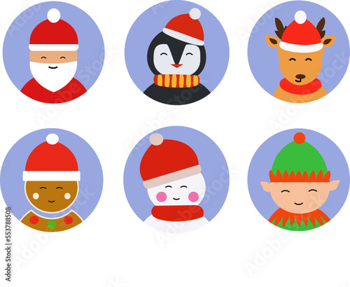 Set of icons with Christmas characters. Vector illustration. Penguin, gingerbread, snowman, Santa Claus, deer, elf