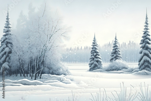 Hintergrund Illustration einer schneebedeckten Winterlandschaft mit Tannen, Baum und Schneeflocken