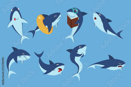 Different emotions of comic shark vector illustrations set. Underwater animal cartoon character reading  swimming  angry  disgusted creature isolated on blue background. Wildlife  emotions concept