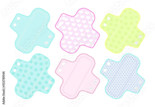 Eco-friendly pads for women vector illustrations set. Collection of cartoon drawings of different designs of reusable menstrual pads isolated on white background. Menstruation, hygiene concept