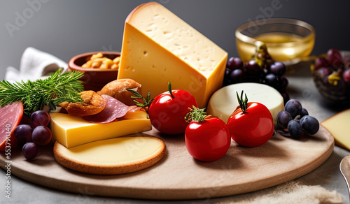 professional food photography close up of a Cheese and charcuterie board, sitting on top of a table  - AI Generated