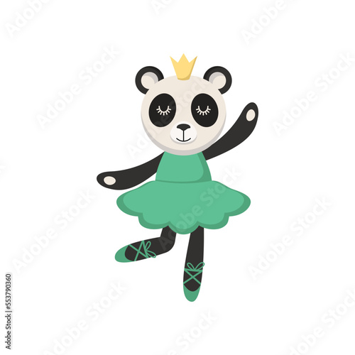 Panda cartoon character as ballerina in green dress and crown. Cute comic animal dancing vector illustration. Ballet, fashion concept for kids or little girls