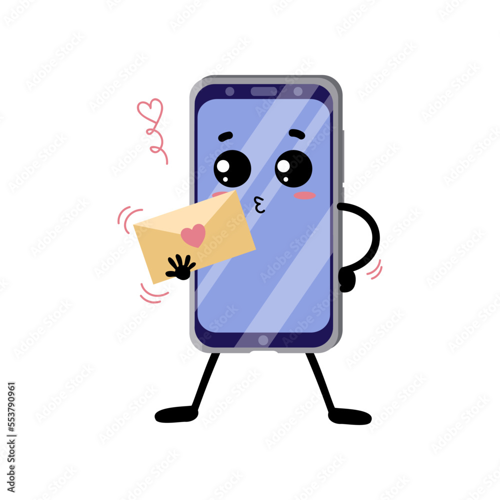 Cute cellphone cartoon character holding love letter vector illustration. Smartphone character, comic mobile phone on white background. Technology, communication, emotions concept