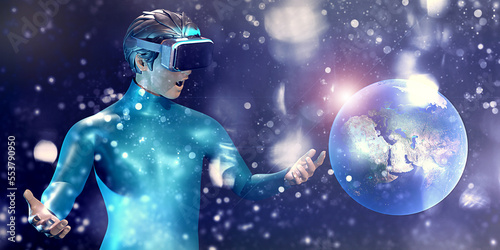 VR glasses holographic world vr virtual reality navigation technology travel planning world map entertainment headset 3d illustration