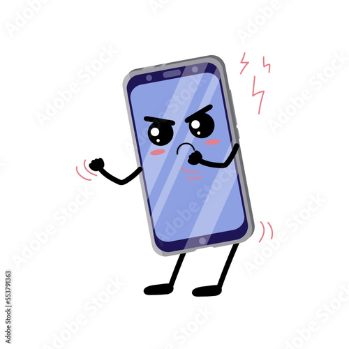 Angry cellphone cartoon character vector illustration. Smartphone character, comic mobile phone on white background. Technology, communication, emotions concept