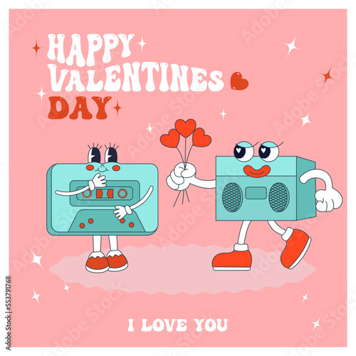 Hippie retro vintage Valentine's day card  in groovy 70s-80s style. Hand drawn cartoon vector illustration.