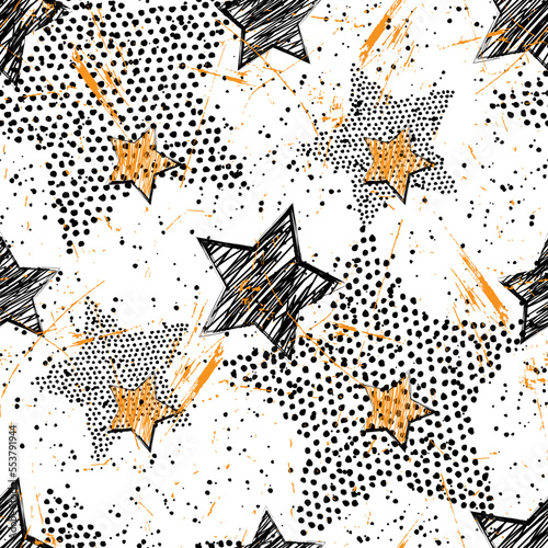 seamless pattern for textiles with grunge stars black and orange