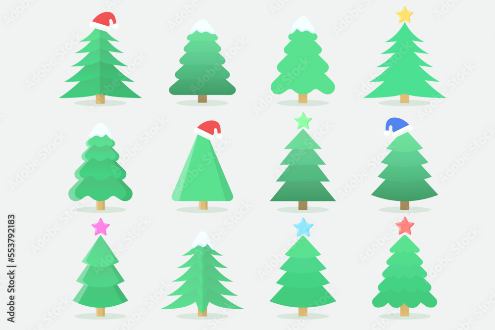 Christmas trees collection. With Christmas hats, stars and snow on top