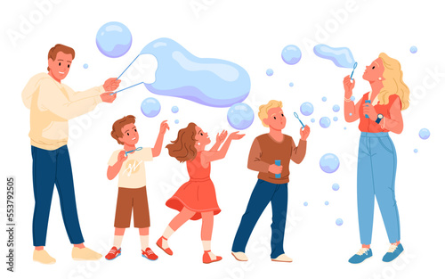 Cartoon man and woman show to cute kids big clear balloons, recreation of happy characters in nature. Family people blow soap foam bubbles and play on fun summer party in park vector illustration