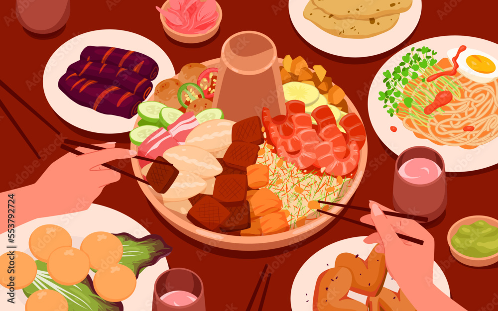 Cartoon tiny happy family people gathering together and cooking