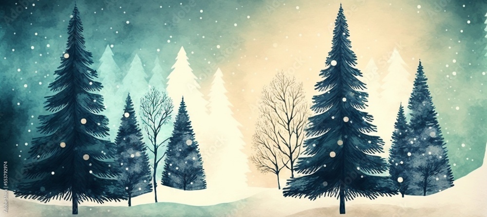 2D illustration of pine trees forest ideal for a Christmas banner. Generative AI.
