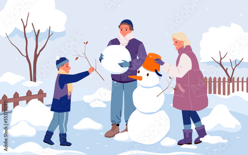 Cartoon mother, father and child play in house yard, boy holding tree branch to make snowman with parents together. Happy family people build snowman in winter snow scenery vector illustration