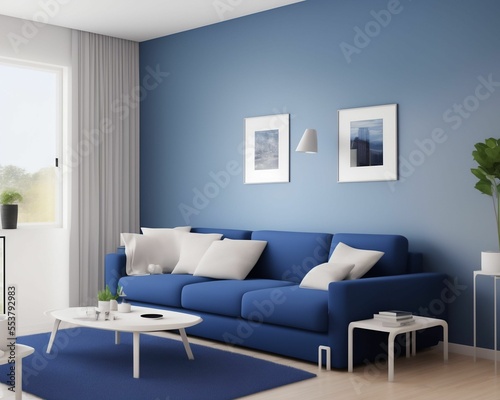 Bright room with blue sofa, table and frames 3d Illustration