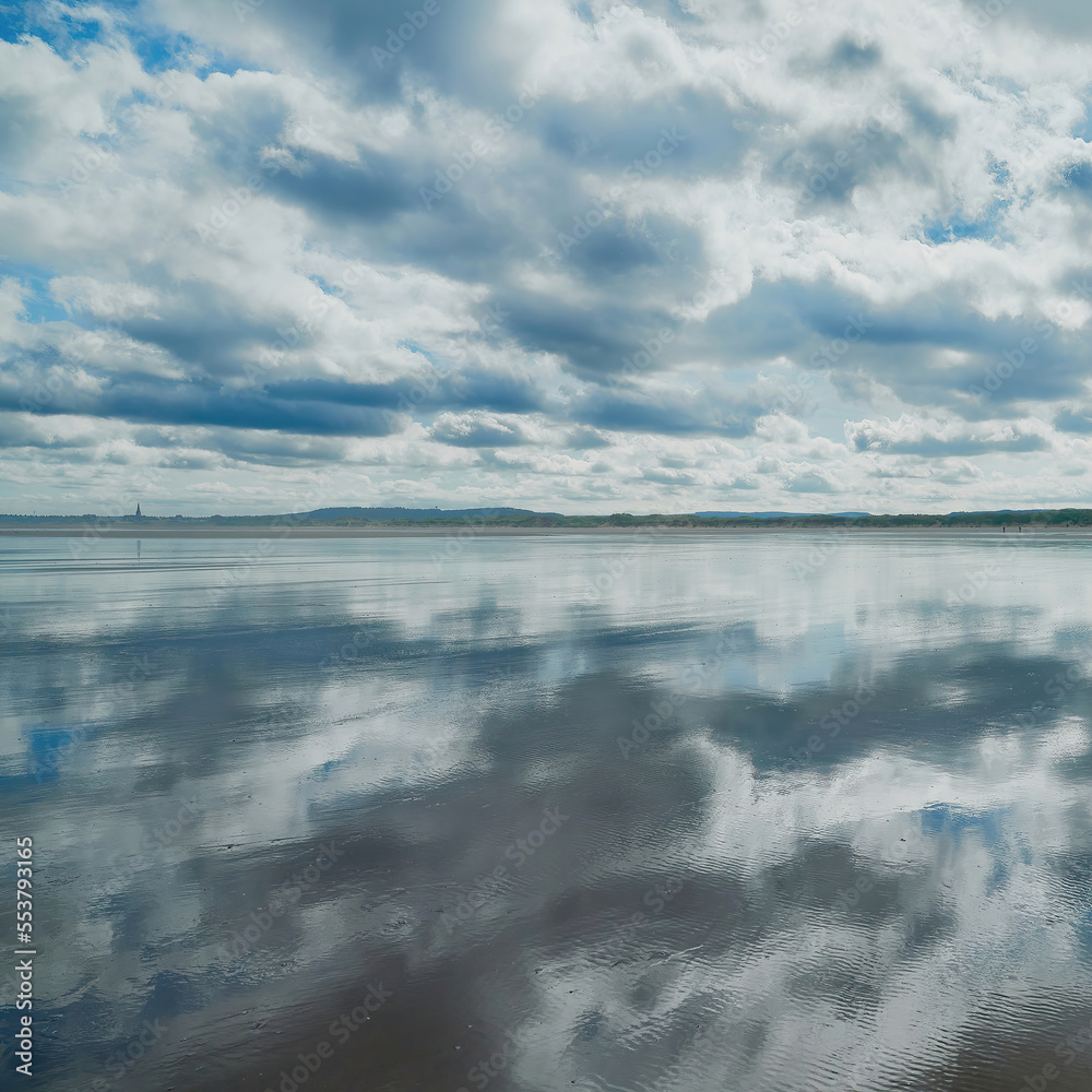 Space and light on the coast of North-East England, with a ribbon of hills and sand dunes dividing an immense sky from its reflection in wet sand.