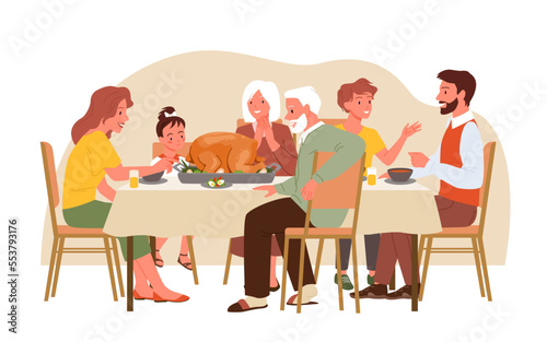 Thanksgiving dinner for happy big family vector illustration. Cartoon mother and father, grandparents and kids sitting at home table with feast meals, characters eat cooked turkey together and talking