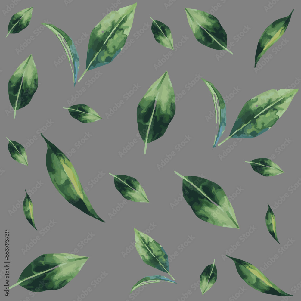 Vector seamless watercolor pattern with green leaves
