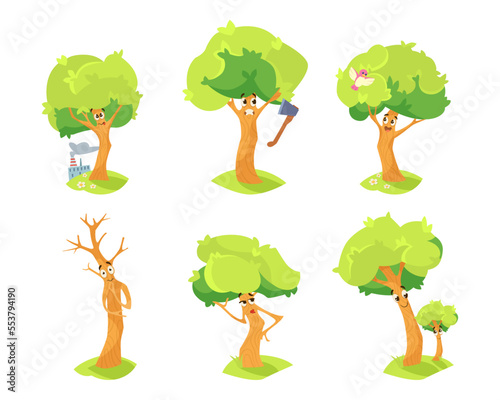 Emotions of funny comic tree in summer vector illustrations set. Cute tree cartoon character with bird, afraid of axe, growing near factory on white background. Nature, ecology, emotions concept