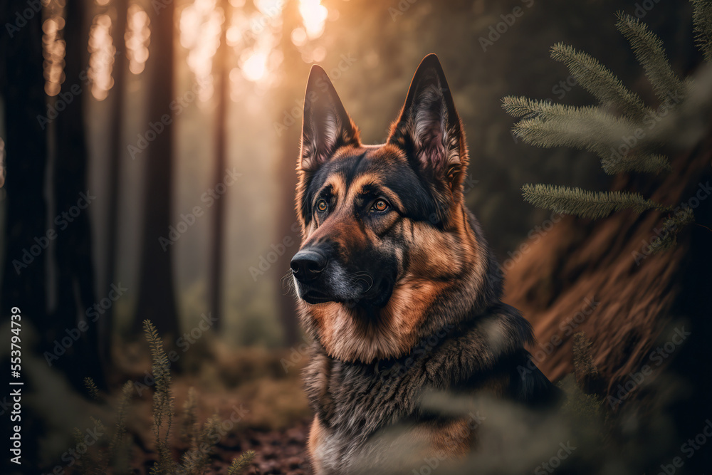 German shepherd portrait in nature. Concept of animal life, care, health and pets. AI