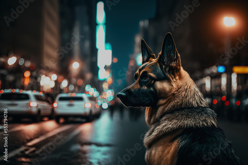 German shepherd portrait in the street. Concept of animal life, care, health and pets. AI