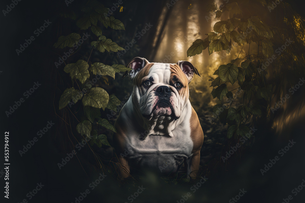 Bulldog portrait in nature. Concept of animal life, care, health and pets. AI