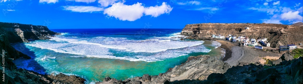 Fuerteventura island nature scenery. Panoramic view of charming fishing village Puertito de los Mulinos. Canary islands