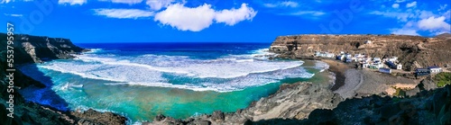 Fuerteventura island nature scenery. Panoramic view of charming fishing village Puertito de los Mulinos. Canary islands