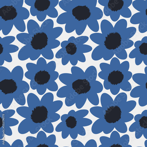 Seamless simple cute pattern of large blue flowers on white background.Endless floral ornament with beautiful blossoms.Colourful backdrop for fabric,textile,linen,covers,wrapping,decoupage.Vector