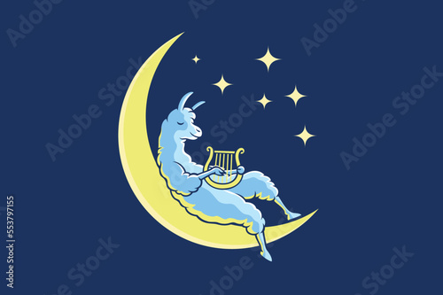 Cute Llama Character Playing Harp on the Crescent Moon
