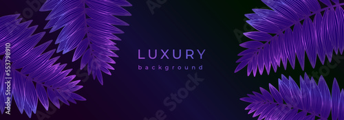 Luxury tropical banner with shiny purple leaves. Fern, palm leaf on black background. Magical glittering plant branches