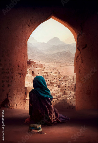 Afghan girl stuck at home and waiting to go school once again as she is counting days. Created using AI. photo