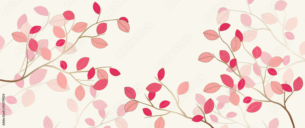 Vector botanical art. Elegant golden cherry tree branches with pink leaves framed in gold. Background for print, fabric, cards, decor. Vector botanical art. Elegant golden cherry tree branches with pink leaves framed in gold. Background for print, fabric, cards, decor.