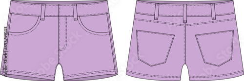Denim short with pockets technical sketch. Pastel purple color. Kids jeans shorts design template.
