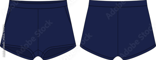 Blank shorts pants technical sketch design template. Dark blue color.
