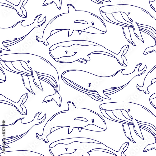 seamless pattern of blue whales with seashells and stars. Kids cloths, background, pattern, design, fabric.