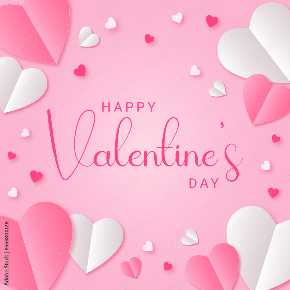 Valentine's day concept frame. Vector illustration. 3d white and pink paper cut hearts on red background. Cute love banner or greeting card. Wording include Happy Valentine's Day.