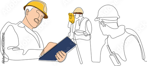 Close up of young Caucasian worker with helmet on head using tablet for work while standing in warehouse. Surveyor with a tripod icon. Geodesic tripod. Vector illustration