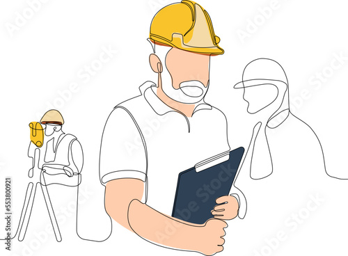 Close up of young Caucasian worker with helmet on head using tablet for work while standing in warehouse. Surveyor with a tripod icon. Geodesic tripod. Vector illustration