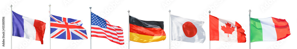 All G7 (Group of Seven) national flags set against blue sky. Png with transparency