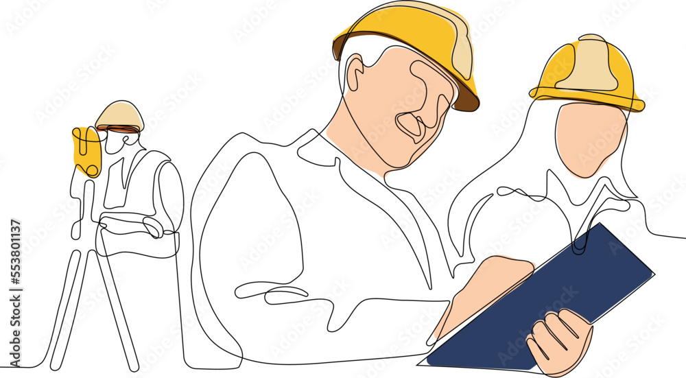 Close up of young Caucasian worker with helmet on head using tablet for work while standing in warehouse. Surveyor with a tripod icon. Geodesic tripod. Vector illustration Close up of young Caucasian worker with helmet on head using tablet for work while standing in warehouse. Surveyor with a tripod icon. Geodesic tripod. Vector illustration