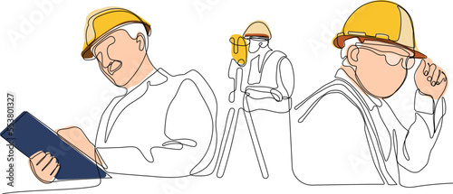 Close up of young Caucasian worker with helmet on head using tablet for work while standing in warehouse. Surveyor with a tripod icon. Geodesic tripod. Vector illustration