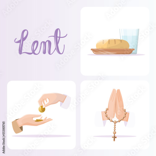 Lent season concepts set. Fasting, almsgiving and prayer