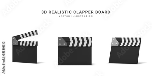 Set of 3d realistic clappers boards isolated on white background. Cinema production equipment, film clappers for shooting footages or movie scenes. Vector illustration