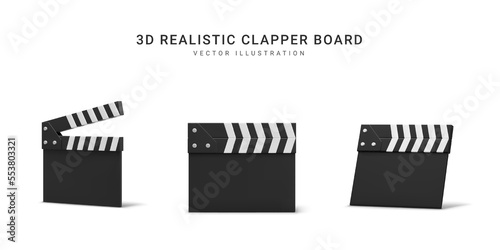 Set of 3d realistic clappers boards isolated on white background. Cinema production equipment, film clappers for shooting footages or movie scenes. Vector illustration