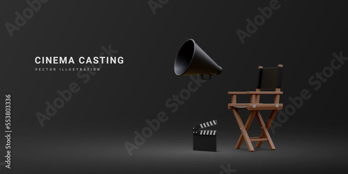 3d realistic movie industry concept. Cinema production design concept. Director chair, clapperboard and megaphone in volumetric light on black background. Vector illustration