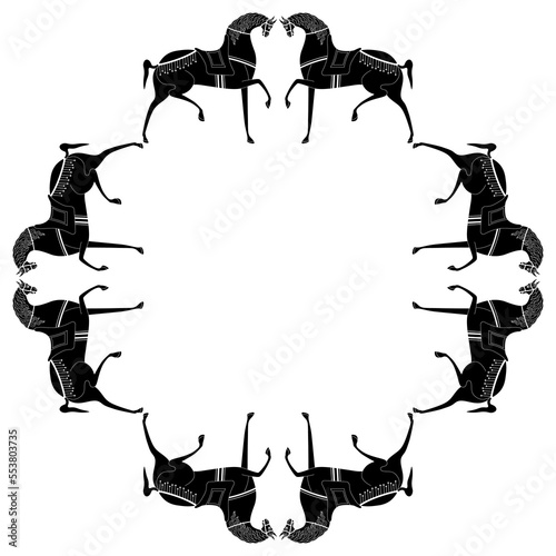 Geometrical frame with stylized horses. Russian folk style. Black and white silhouette.