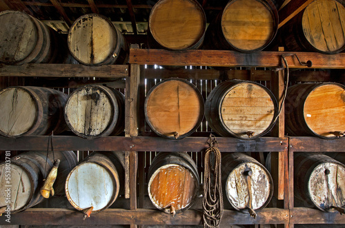 Sugarcane liquor, or cachaca in portuguese, resting in the barrel in the still for aging on countryside  of Brazil photo