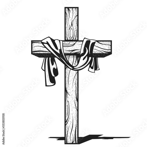 Cross with canvas, crucifix with hanging down fabric, resurrection after crucifixion of Jesus, christianity symbol, vector