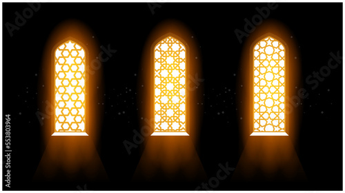 Blessing light flows through mosque window, radiance via stained-glass window with arabic grating pattern, vector