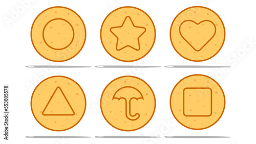 Dalgona set with spine - circle, star, heart, triangle, umbrella, square. Korean candy made with melted sugar and baking soda.